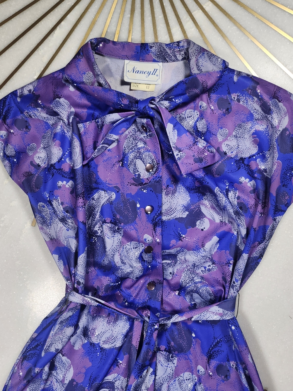 Vintage Purple Abstract Cap Sleeve Midi Dress with Tie Waist - Picture 2 of 5